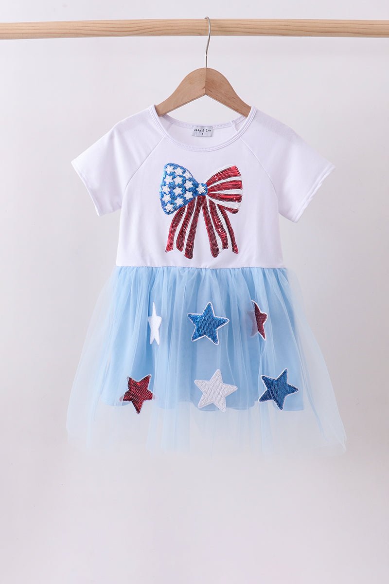 Blue bow star sequin tulle dress - Abbies Place