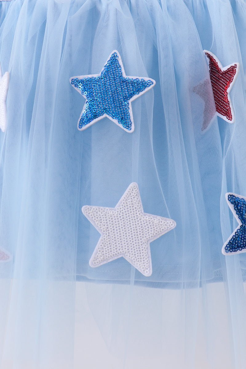 Blue bow star sequin tulle dress - Abbies Place