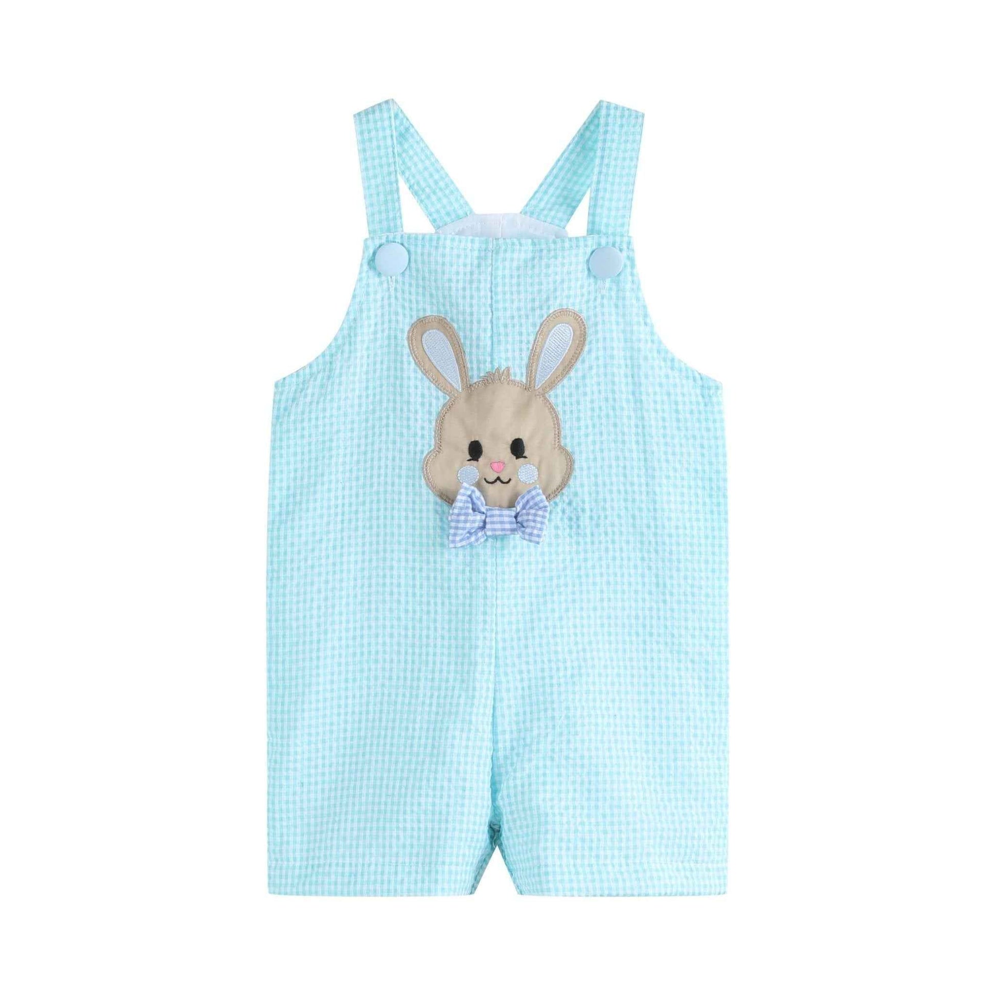 Blue Bow Tie Bunny Applique Shortalls - Abbies Place