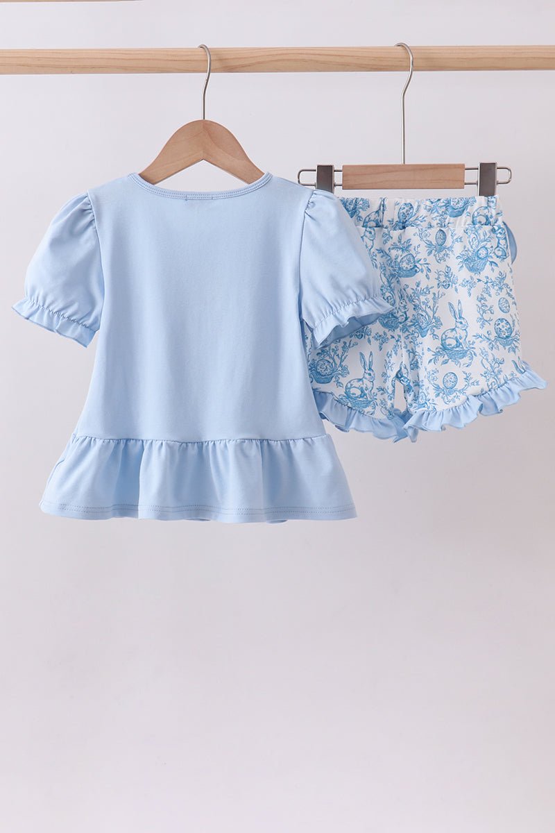 Blue bunny applique ruffle shorts set - Abbies Place