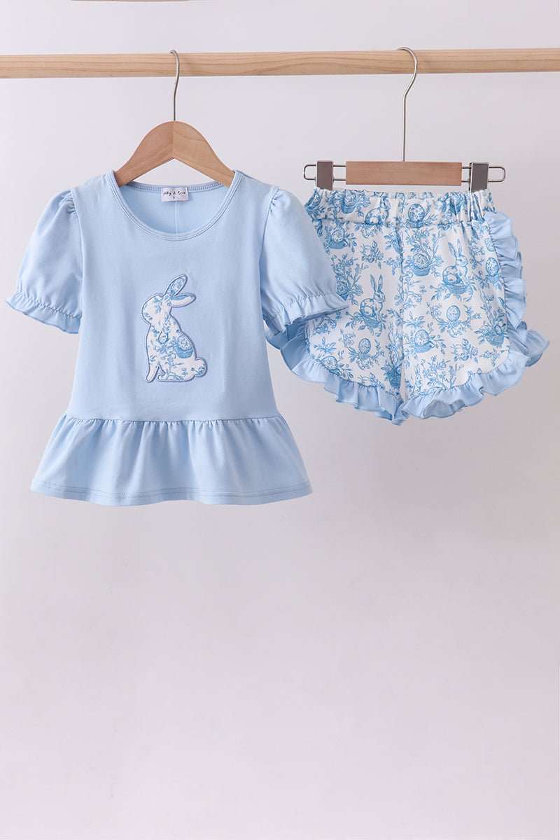 Blue bunny applique ruffle shorts set - Abbies Place