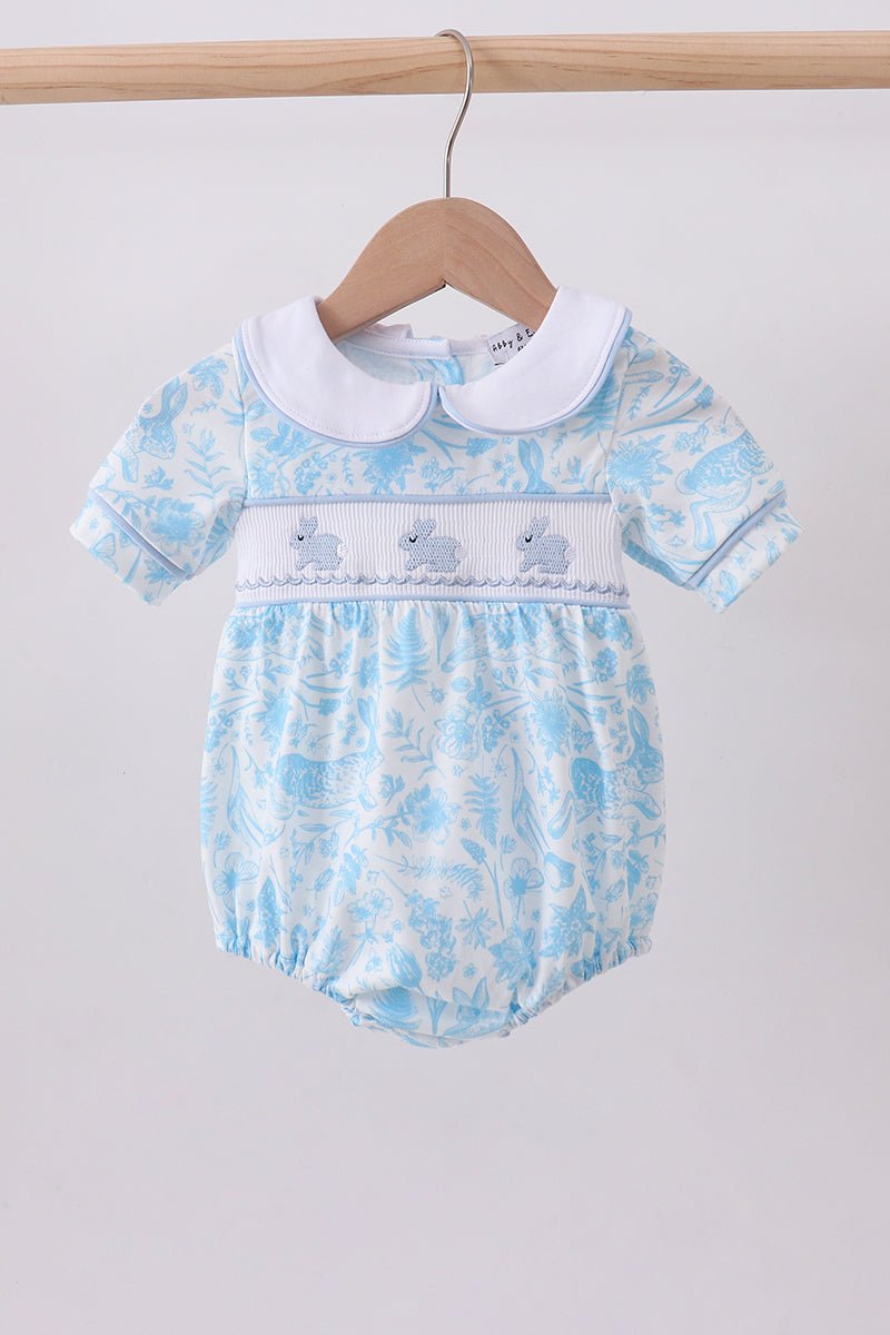 Blue bunny smocked peter pan collar bubble - Abbies Place