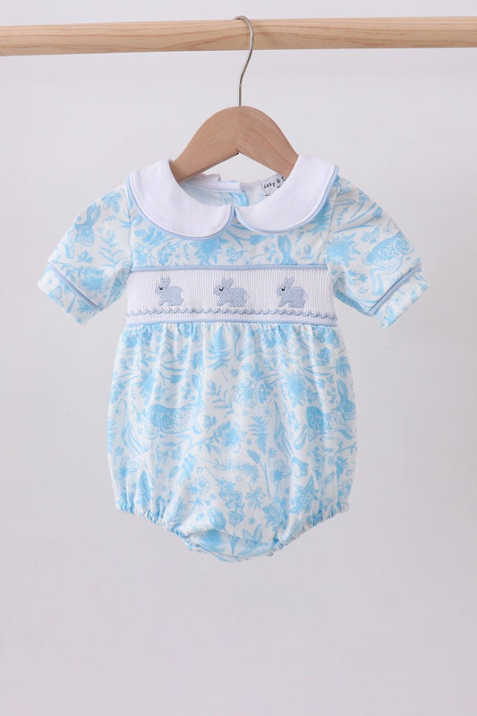Blue bunny smocked peter pan collar bubble - Abbies Place