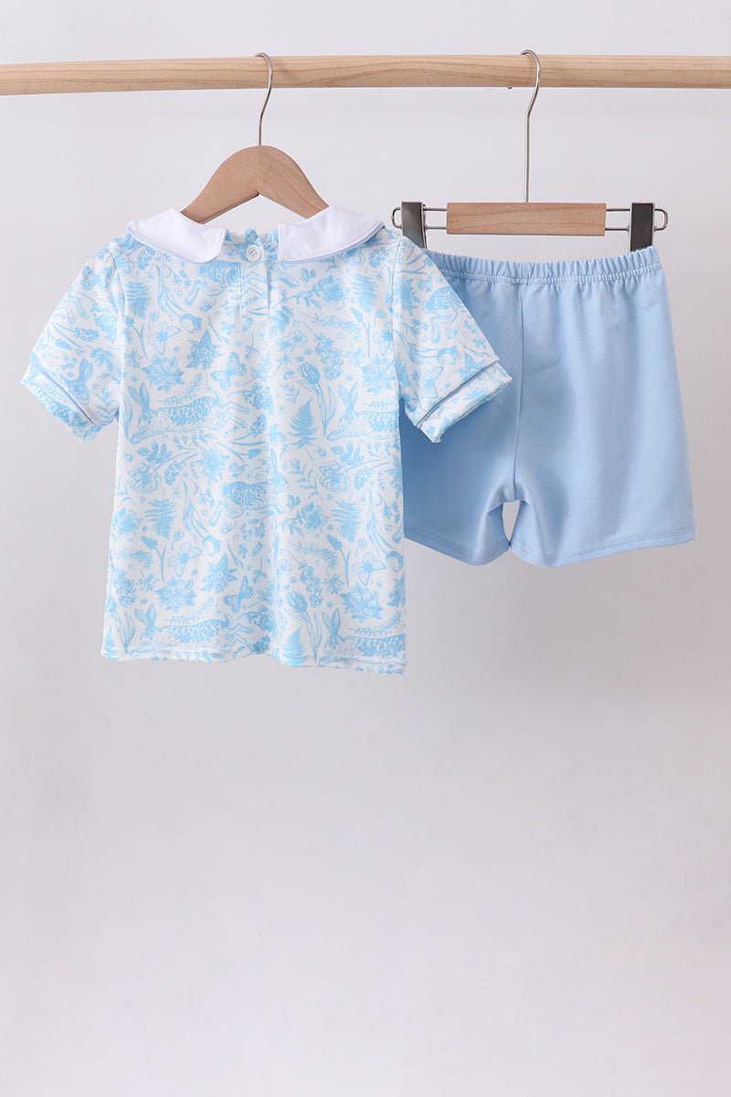 Blue bunny smocked peter pan collar shorts set - Abbies Place