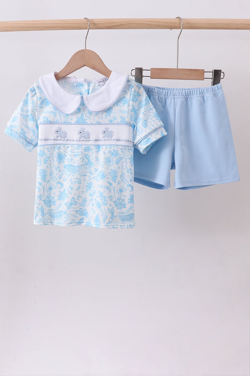 Blue bunny smocked peter pan collar shorts set - Abbies Place