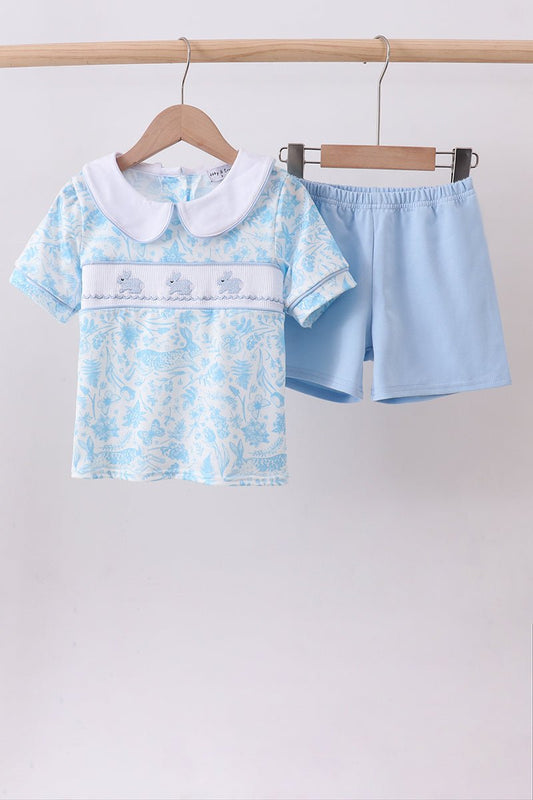 Blue bunny smocked peter pan collar shorts set - Abbies Place