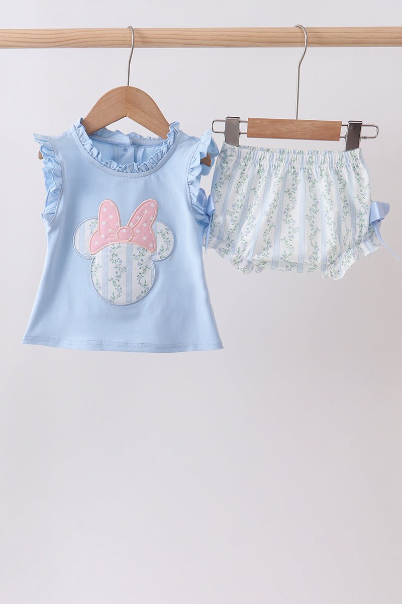 Blue character applique ruffle bloomer set - Abbies Place