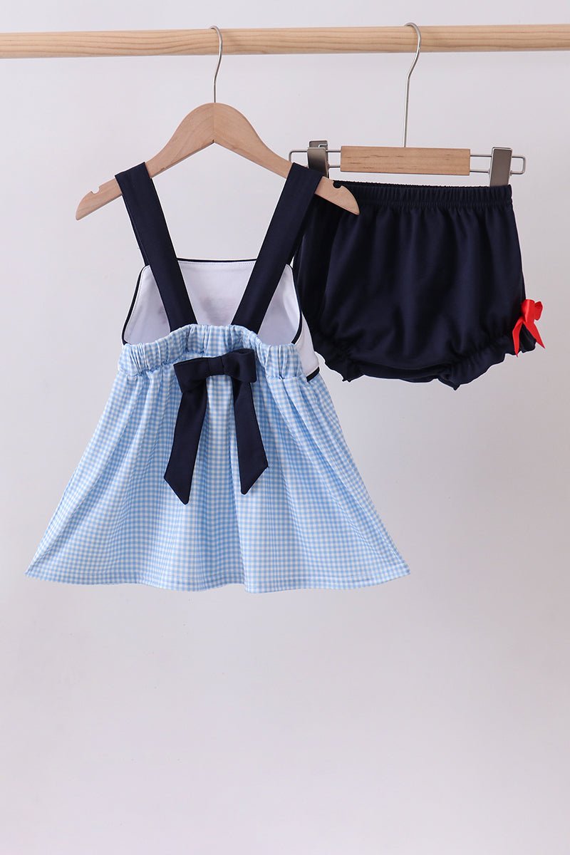 Blue character embroidery gingham bloomer set - Abbies Place