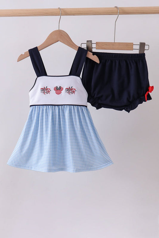 Blue character embroidery gingham bloomer set - Abbies Place