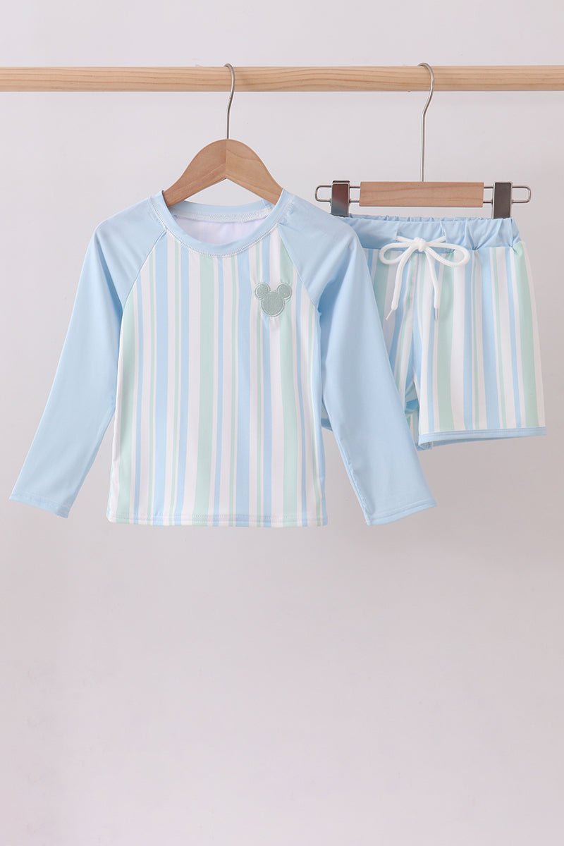 Blue character embroidery stripe long sleeve swimsuit - Abbies Place