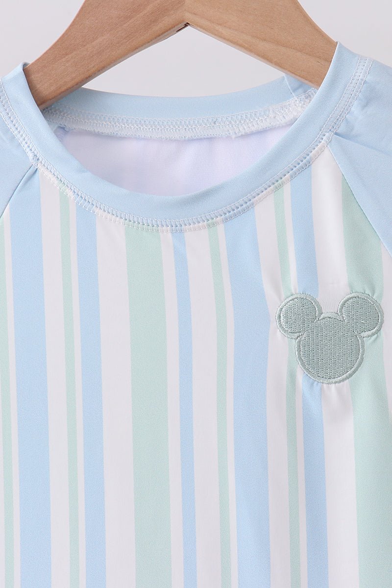 Blue character embroidery stripe long sleeve swimsuit - Abbies Place