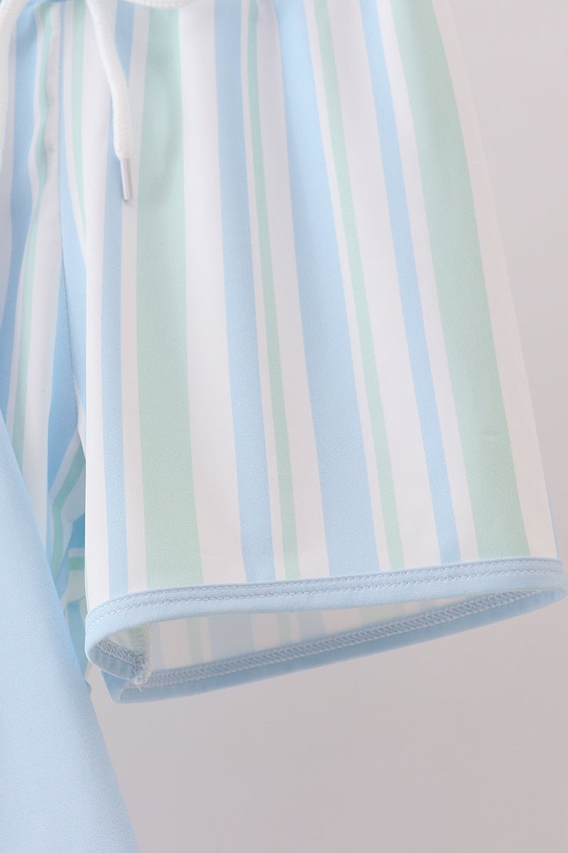 Blue character embroidery stripe long sleeve swimsuit - Abbies Place