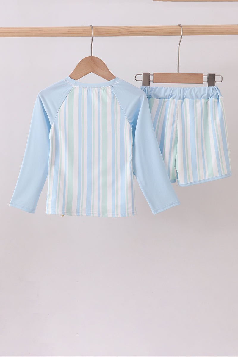 Blue character embroidery stripe long sleeve swimsuit - Abbies Place