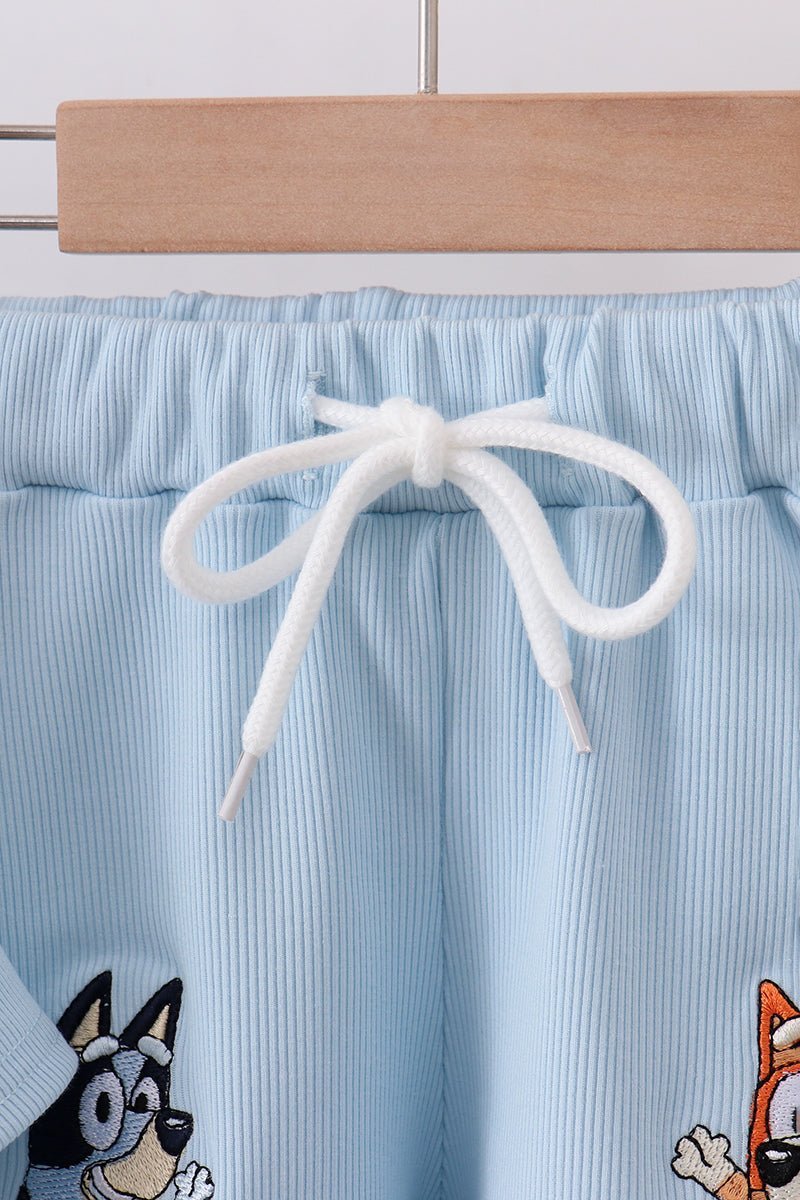 Blue character embroidery stripe shorts set - Abbies Place