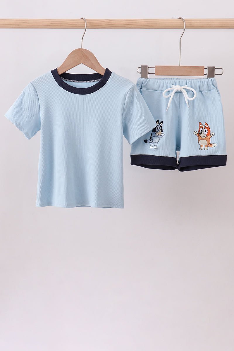 Blue character embroidery stripe shorts set - Abbies Place