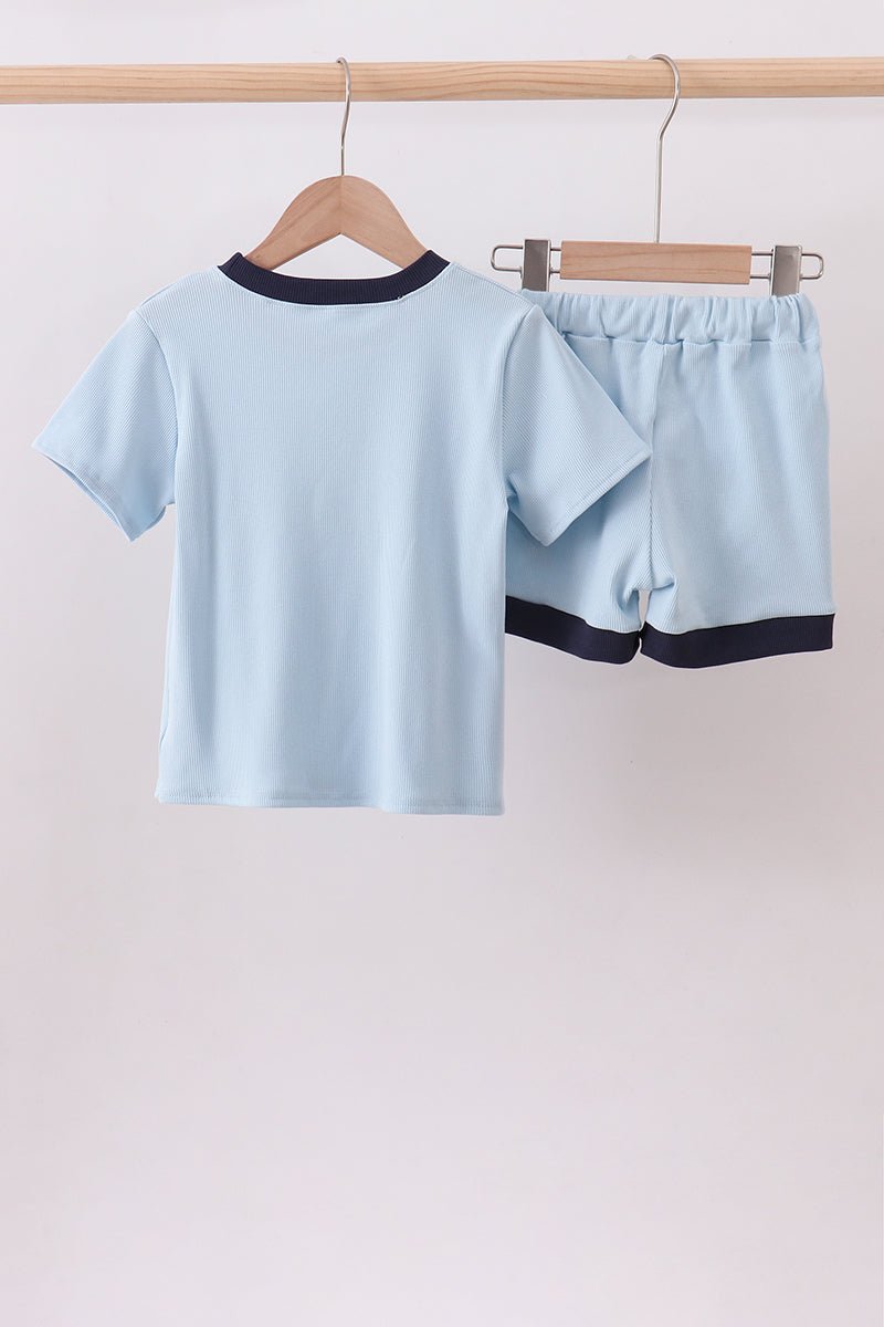 Blue character embroidery stripe shorts set - Abbies Place