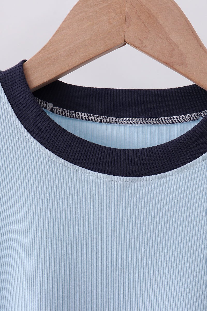 Blue character embroidery stripe shorts set - Abbies Place