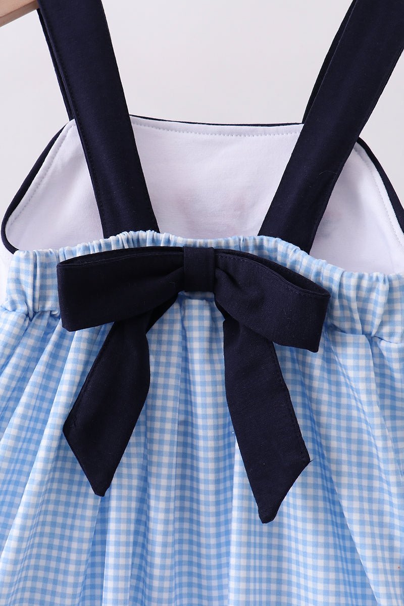 Blue character fireworks embroidery gingham dress - Abbies Place