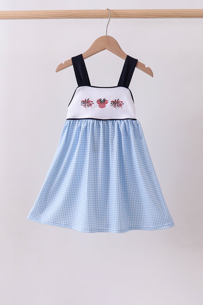 Blue character fireworks embroidery gingham dress - Abbies Place
