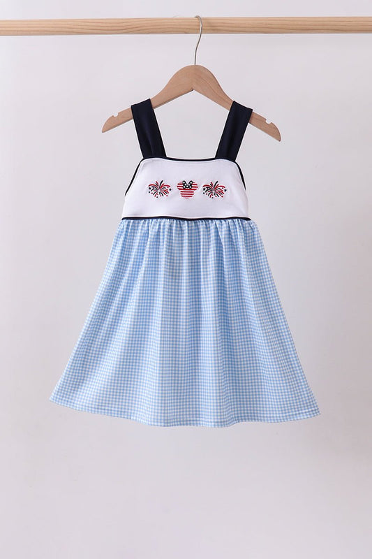 Blue character fireworks embroidery gingham dress - Abbies Place