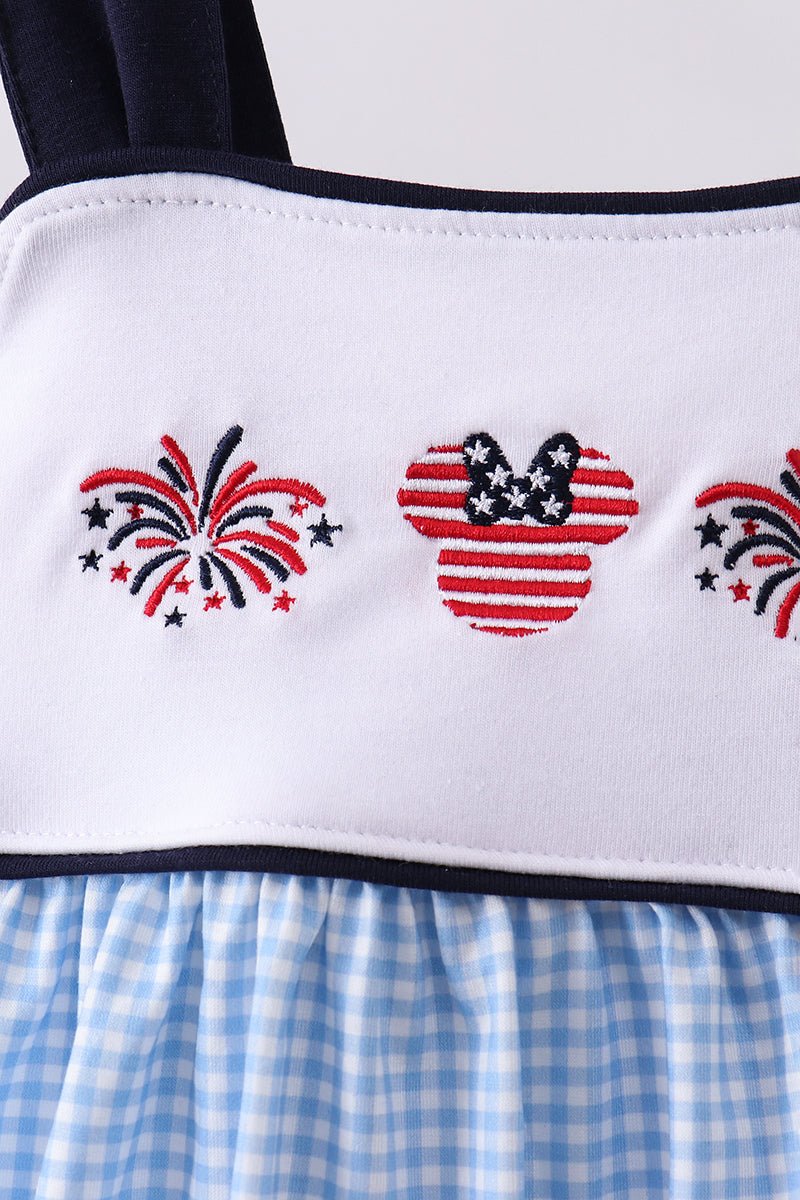 Blue character fireworks embroidery gingham dress - Abbies Place