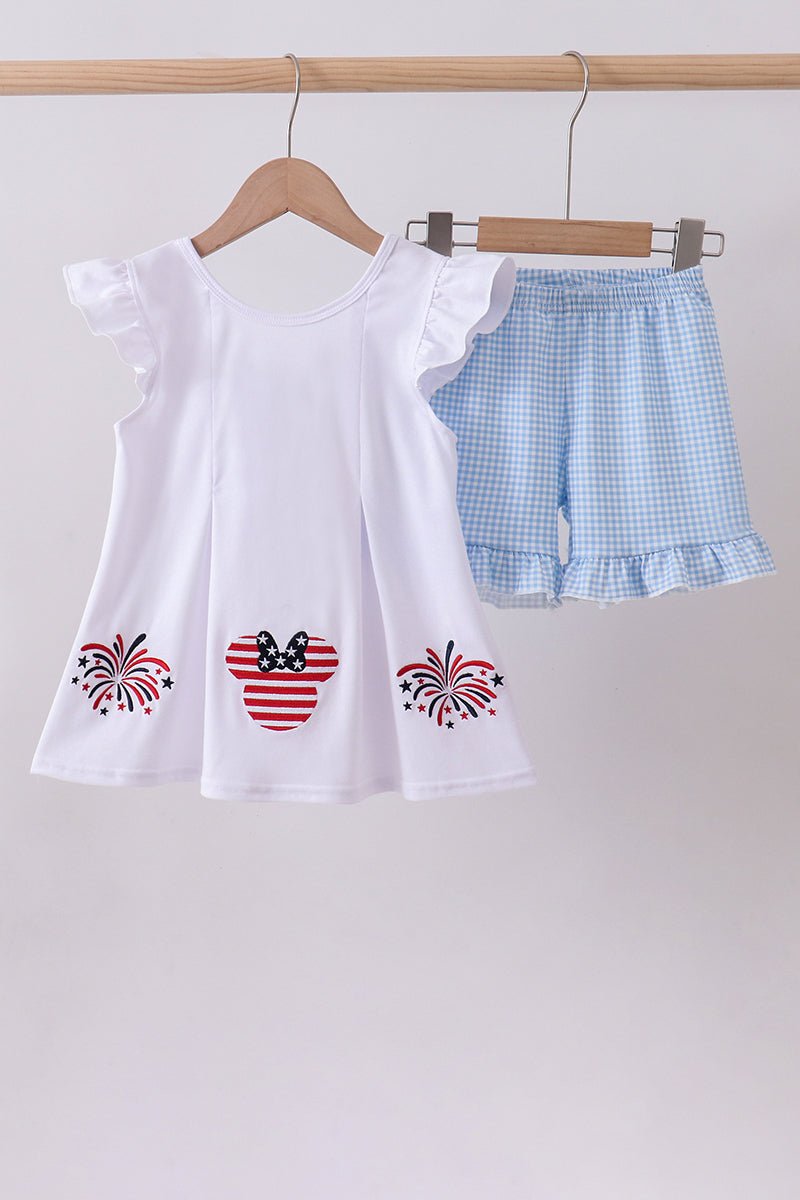 Blue character fireworks embroidery gingham ruffle shorts set - Abbies Place