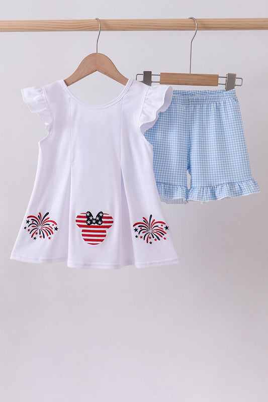 Blue character fireworks embroidery gingham ruffle shorts set - Abbies Place