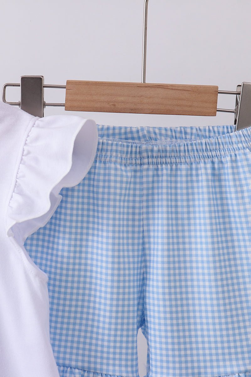 Blue character fireworks embroidery gingham ruffle shorts set - Abbies Place
