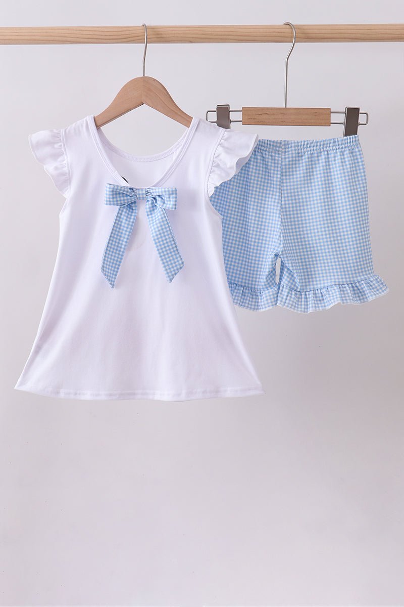 Blue character fireworks embroidery gingham ruffle shorts set - Abbies Place