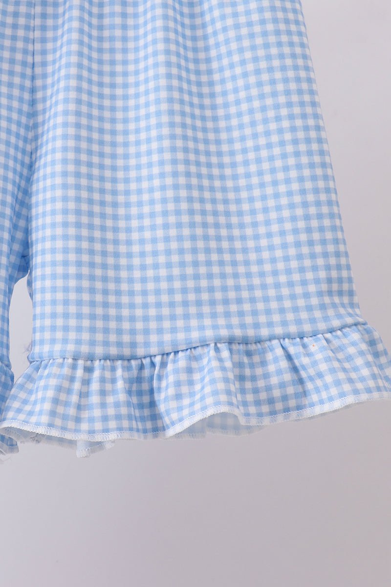 Blue character fireworks embroidery gingham ruffle shorts set - Abbies Place