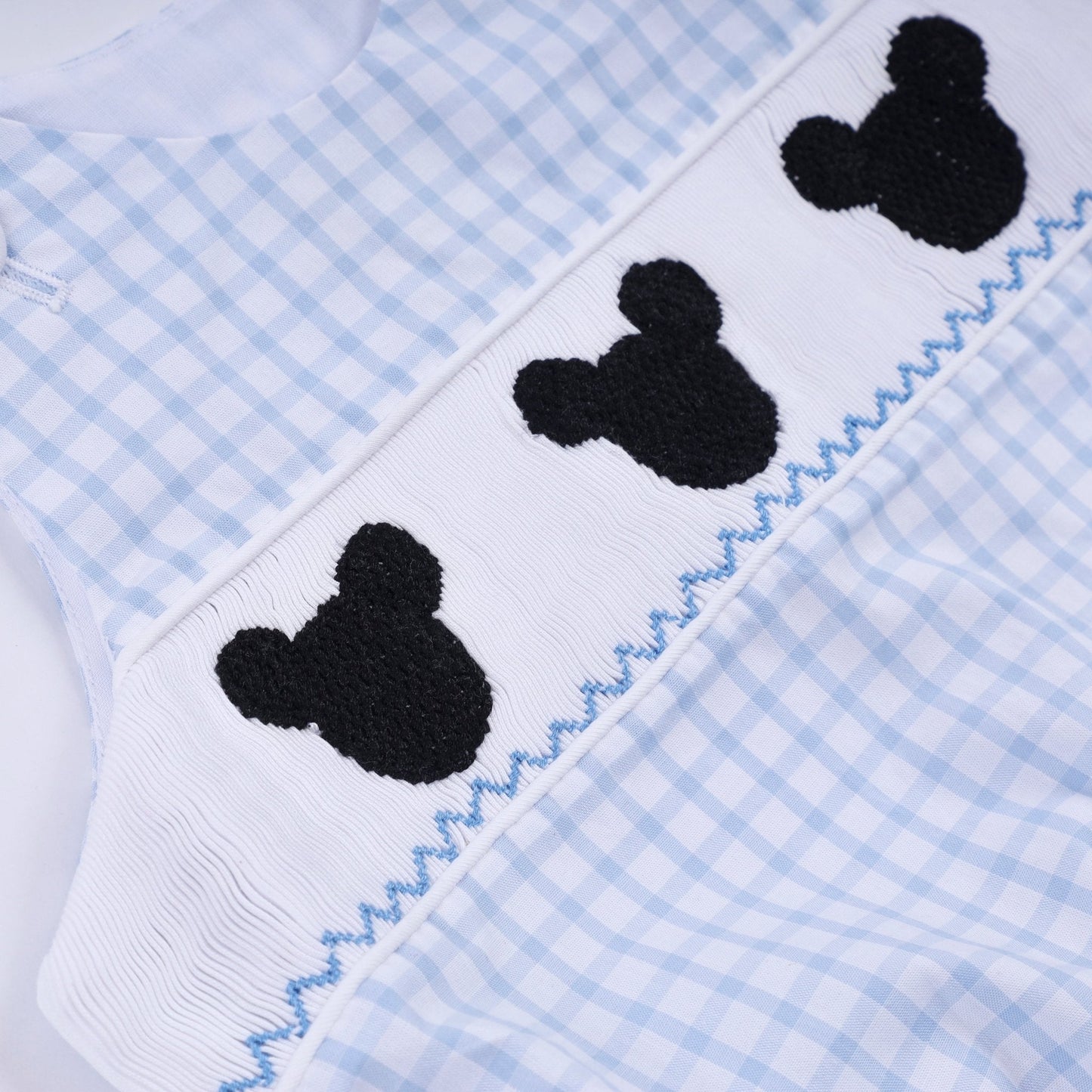 Blue character hand smocked gingham bubble - Abbies Place