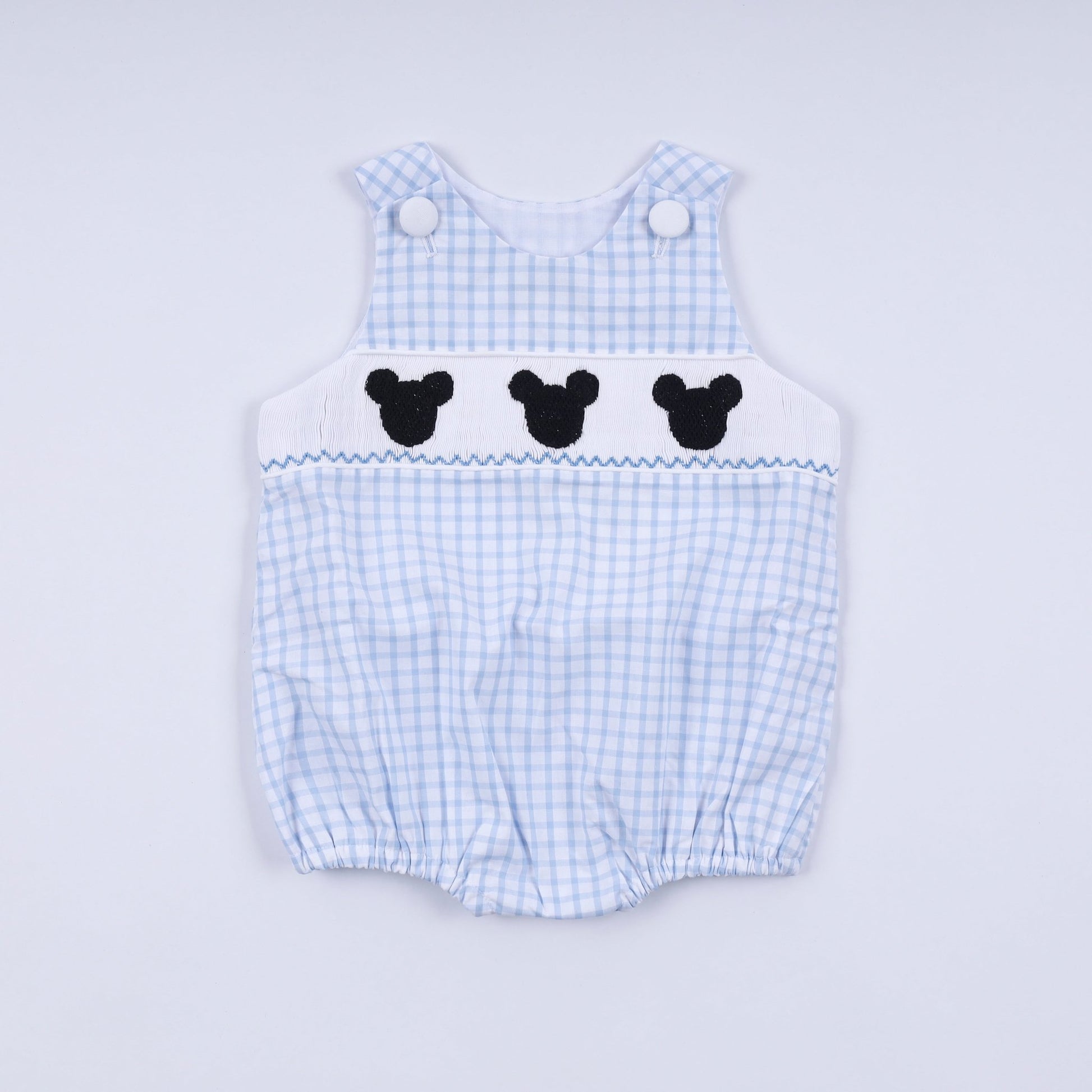 Blue character hand smocked gingham bubble - Abbies Place