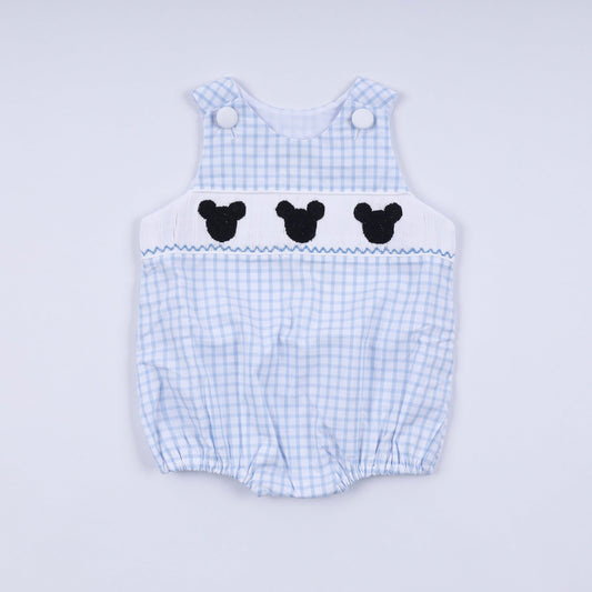 Blue character hand smocked gingham bubble - Abbies Place