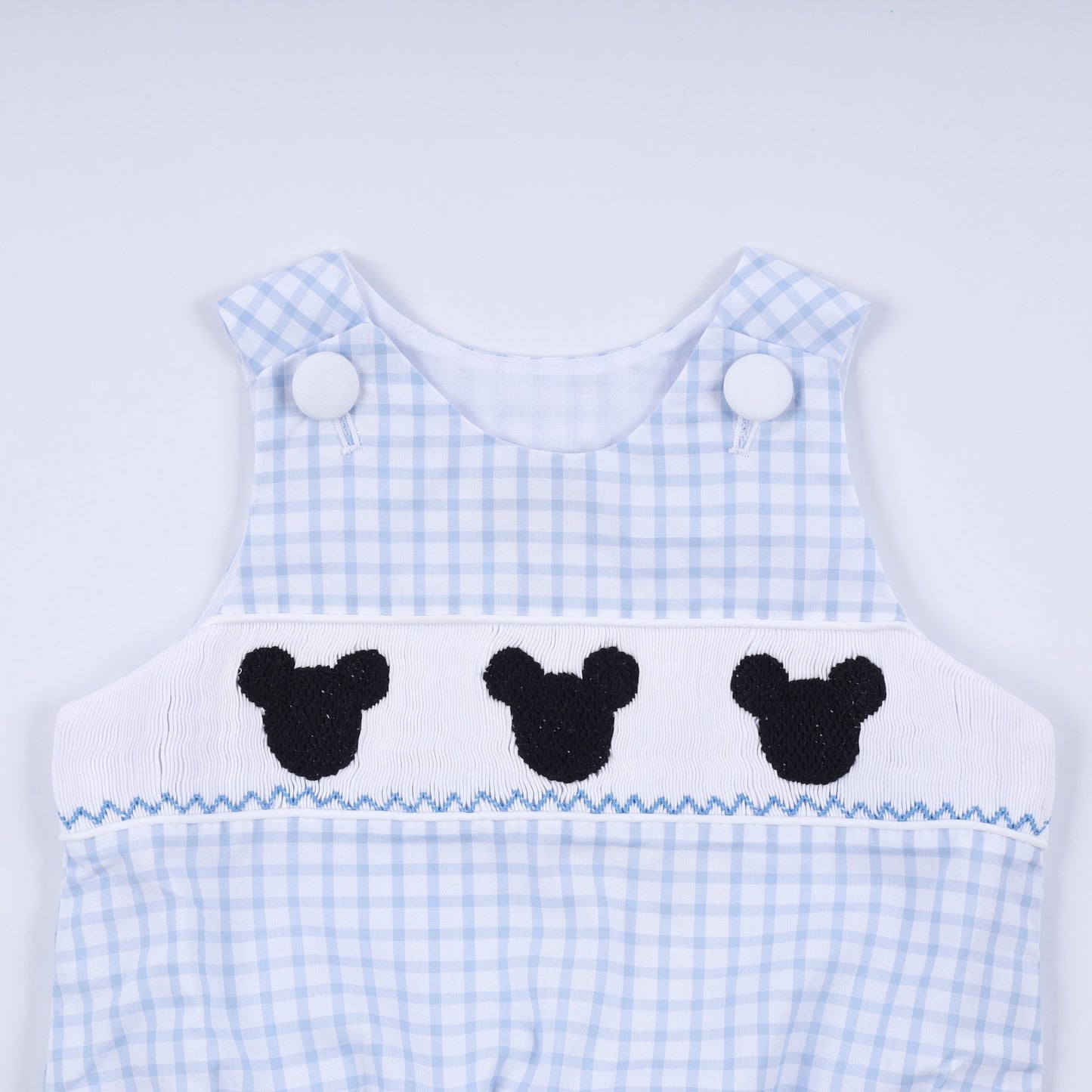 Blue character hand smocked gingham bubble - Abbies Place