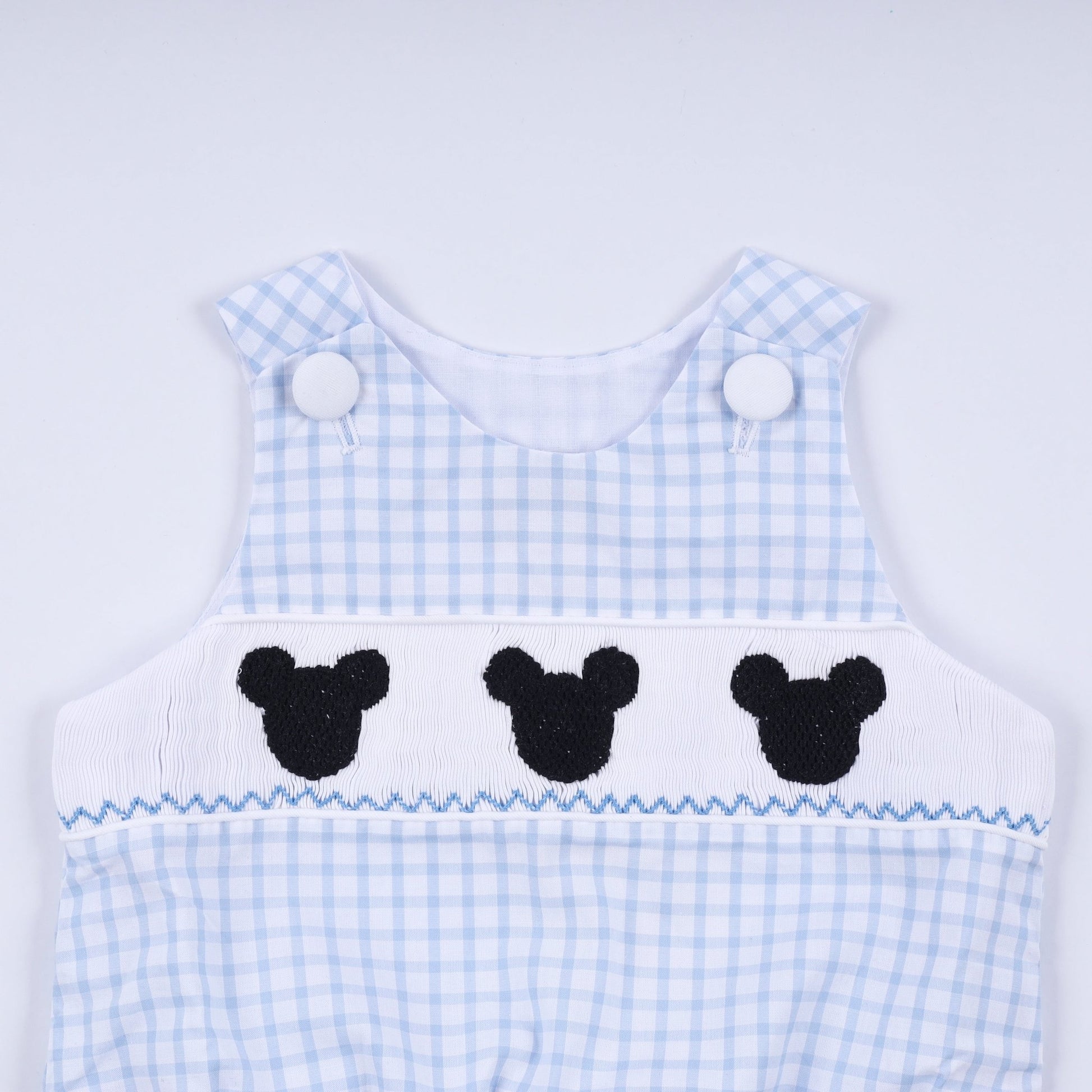 Blue character hand smocked gingham bubble - Abbies Place