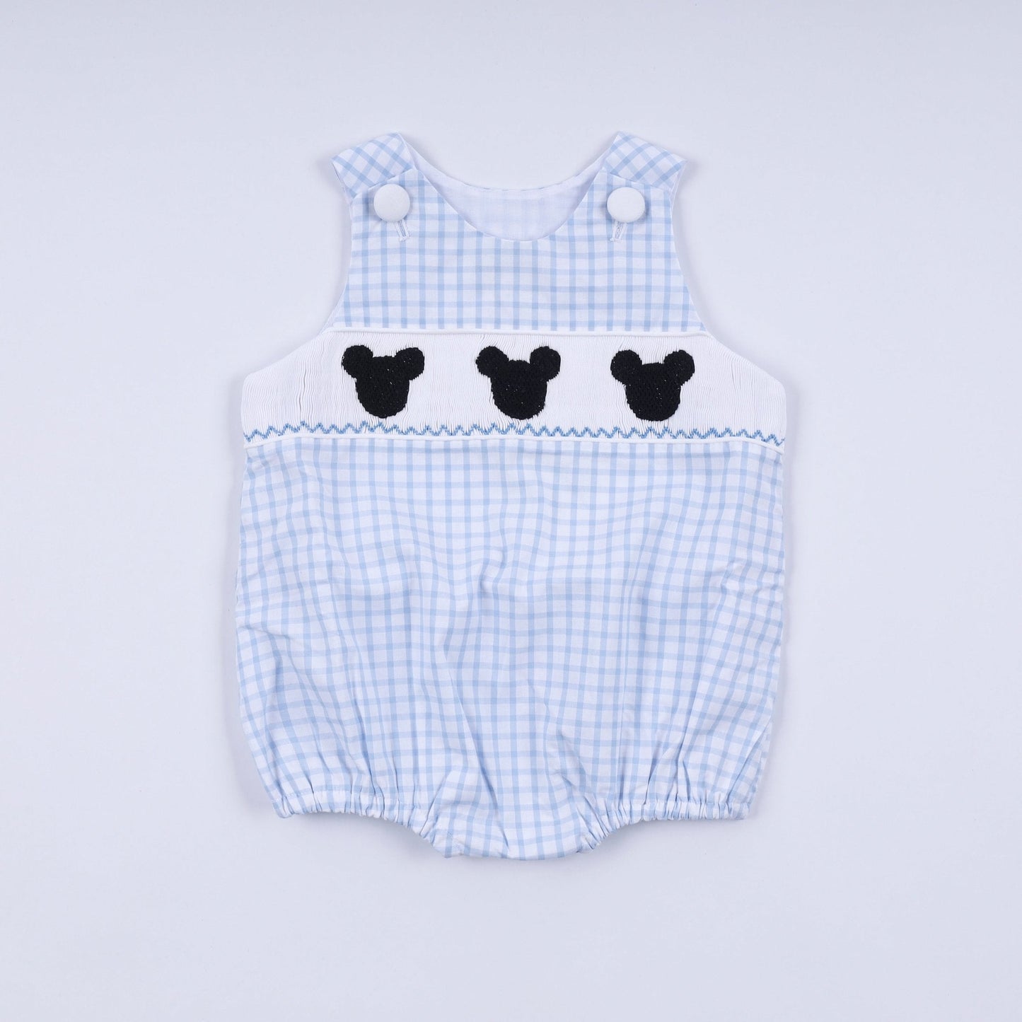 Blue character hand smocked gingham bubble - Abbies Place