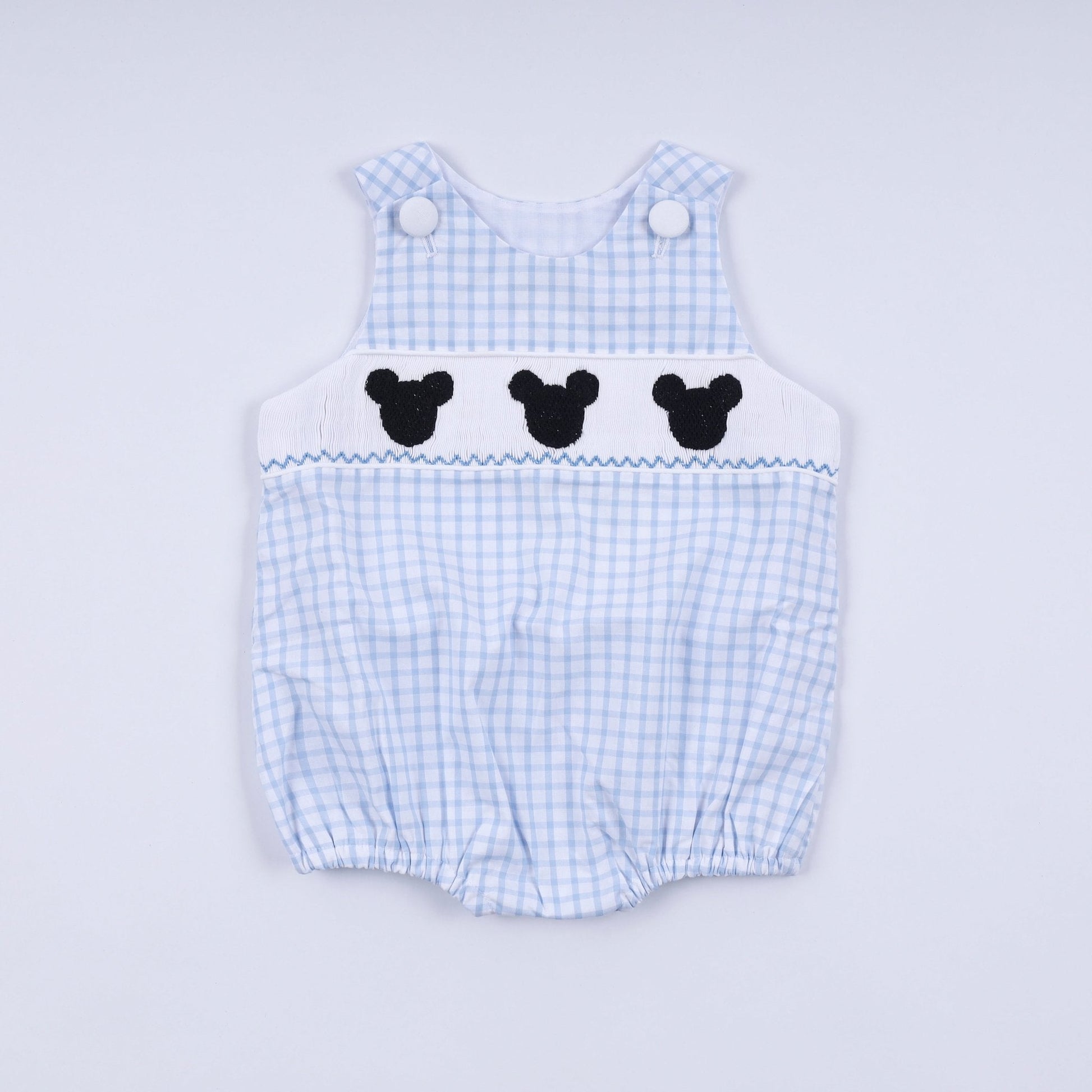 Blue character hand smocked gingham bubble - Abbies Place