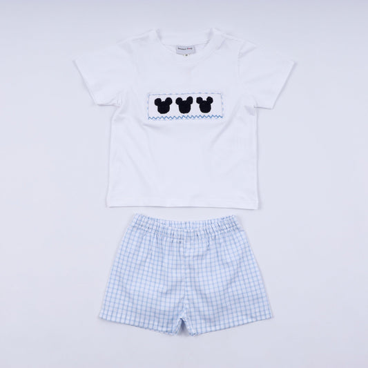 Blue character hand smocked gingham shorts set - Abbies Place