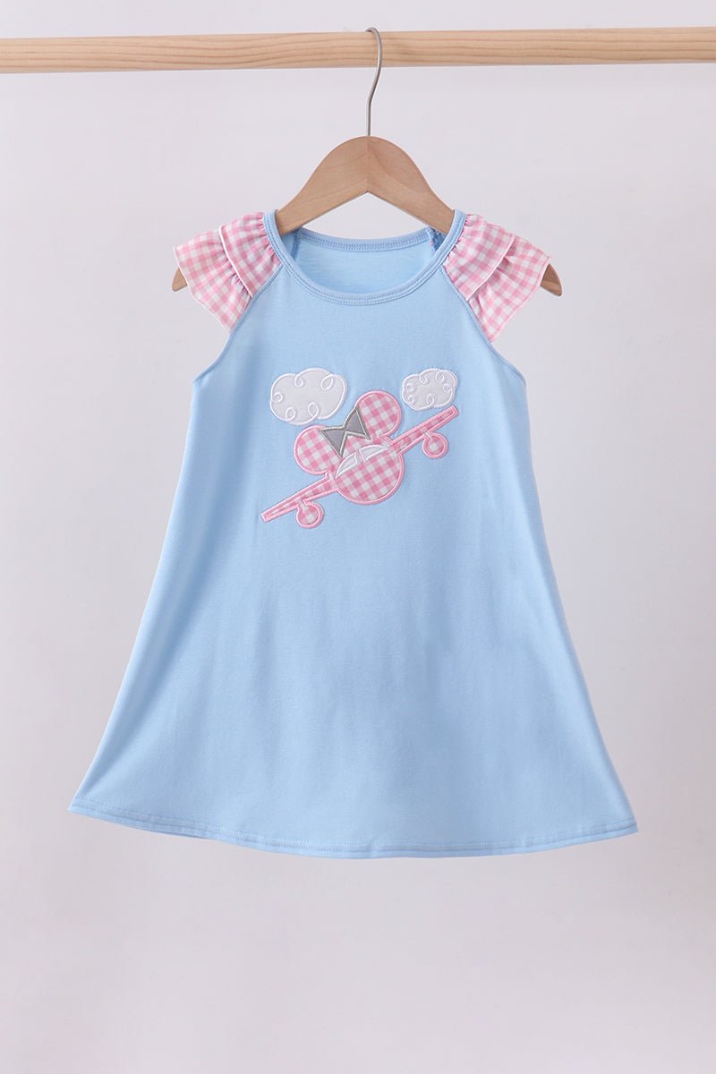 Blue character plane applique ruffle dress - Abbies Place