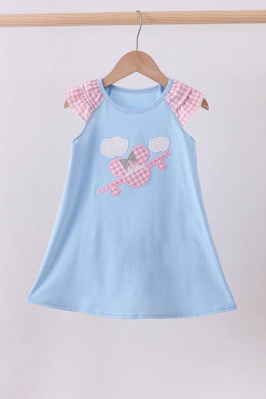 Blue character plane applique ruffle dress - Abbies Place