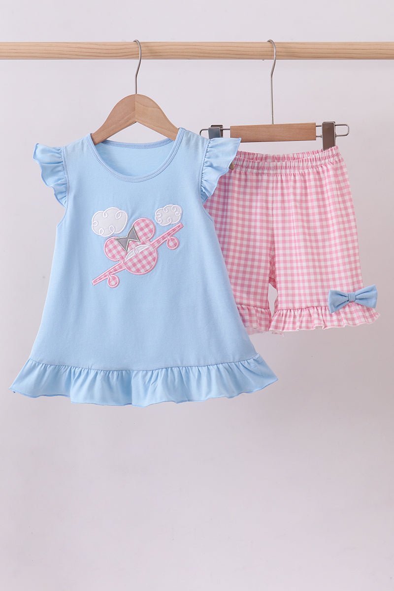 Blue character plane applique ruffle shorts est - Abbies Place