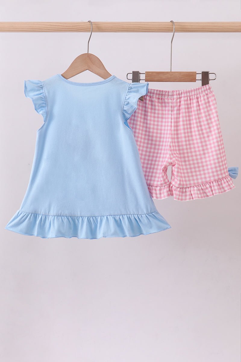 Blue character plane applique ruffle shorts est - Abbies Place