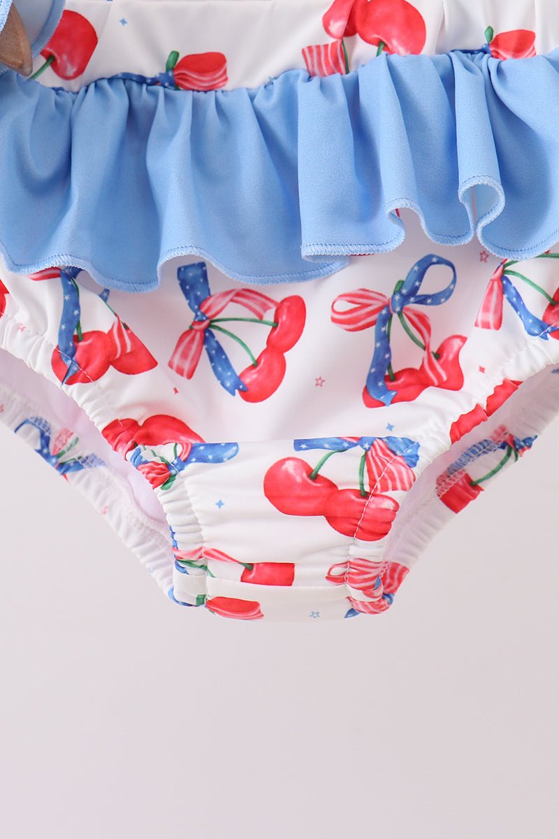Blue cherry print 2pc ruffle swimsuit - Abbies Place