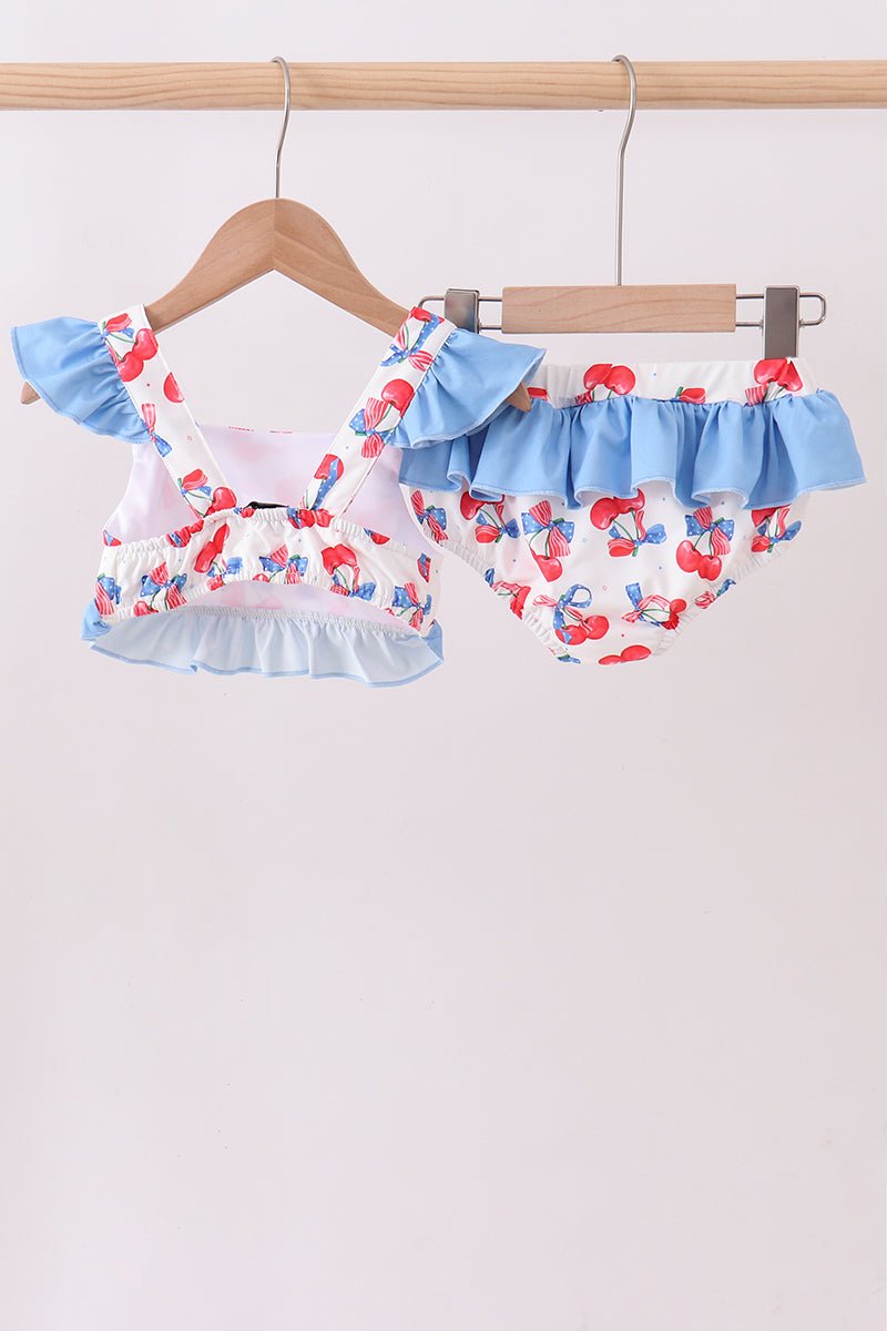 Blue cherry print 2pc ruffle swimsuit - Abbies Place