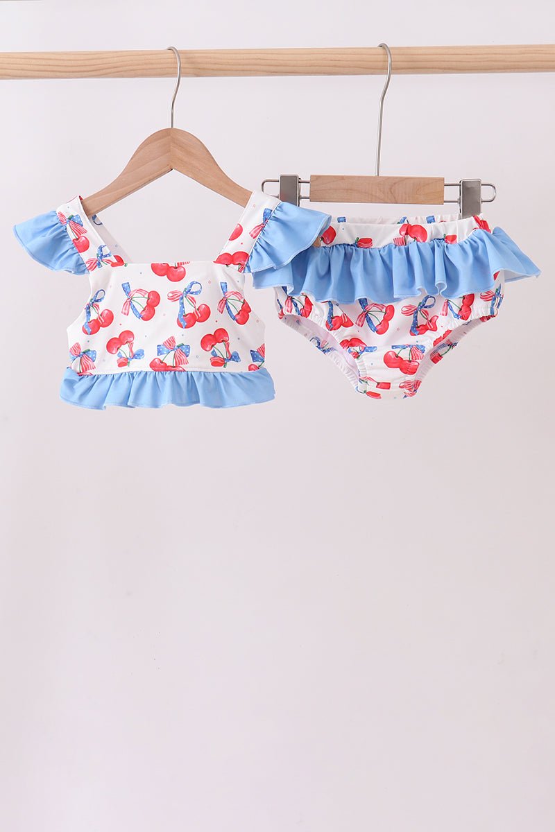 Blue cherry print 2pc ruffle swimsuit - Abbies Place