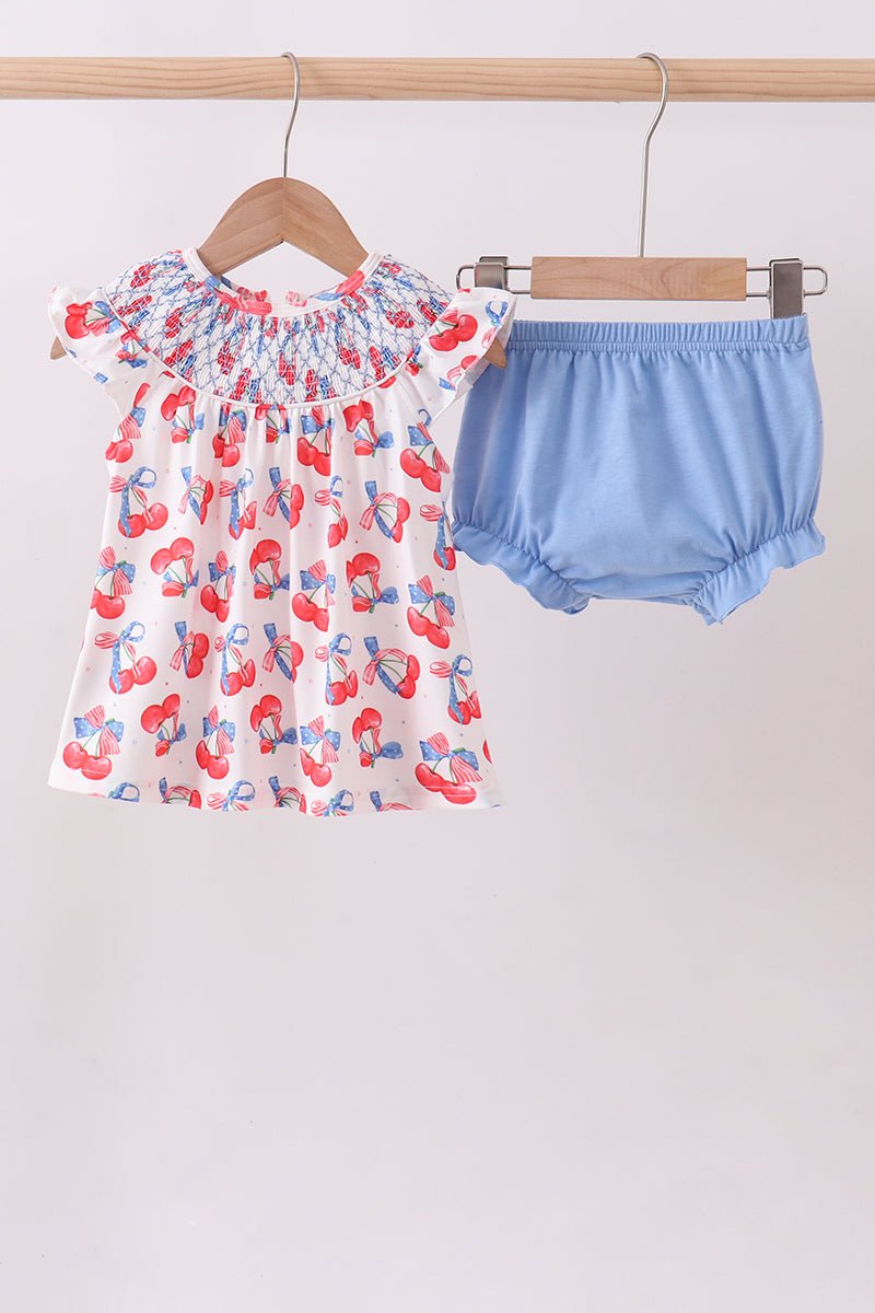 Blue cherry smocked bloomer set - Abbies Place