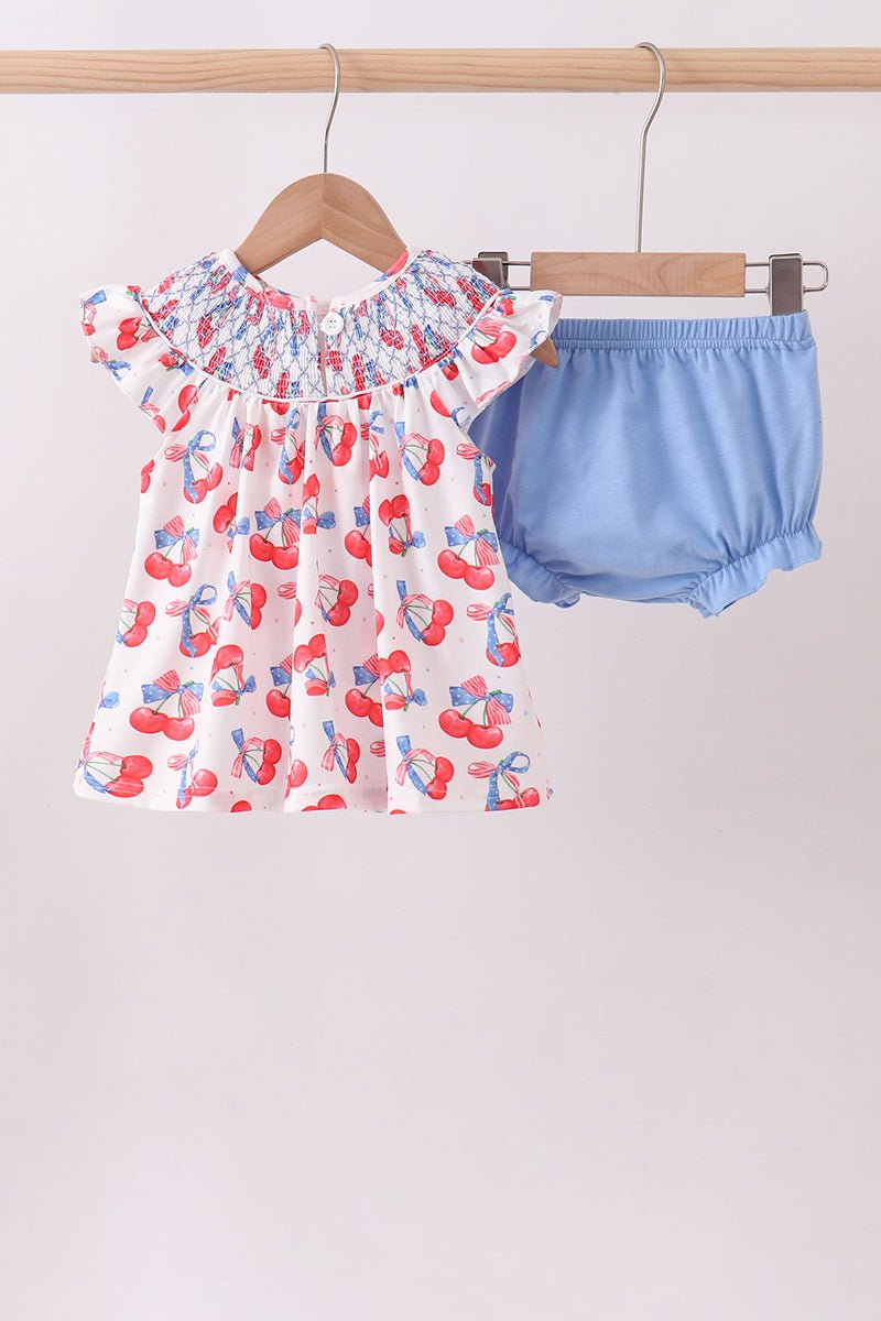 Blue cherry smocked bloomer set - Abbies Place