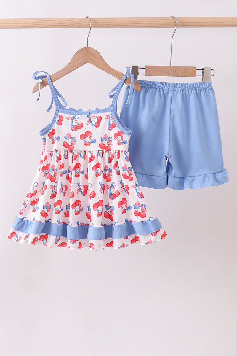 Blue cherry smocked ruffle shorts set - Abbies Place