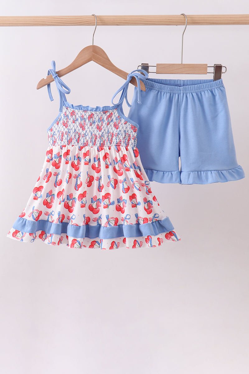 Blue cherry smocked ruffle shorts set - Abbies Place