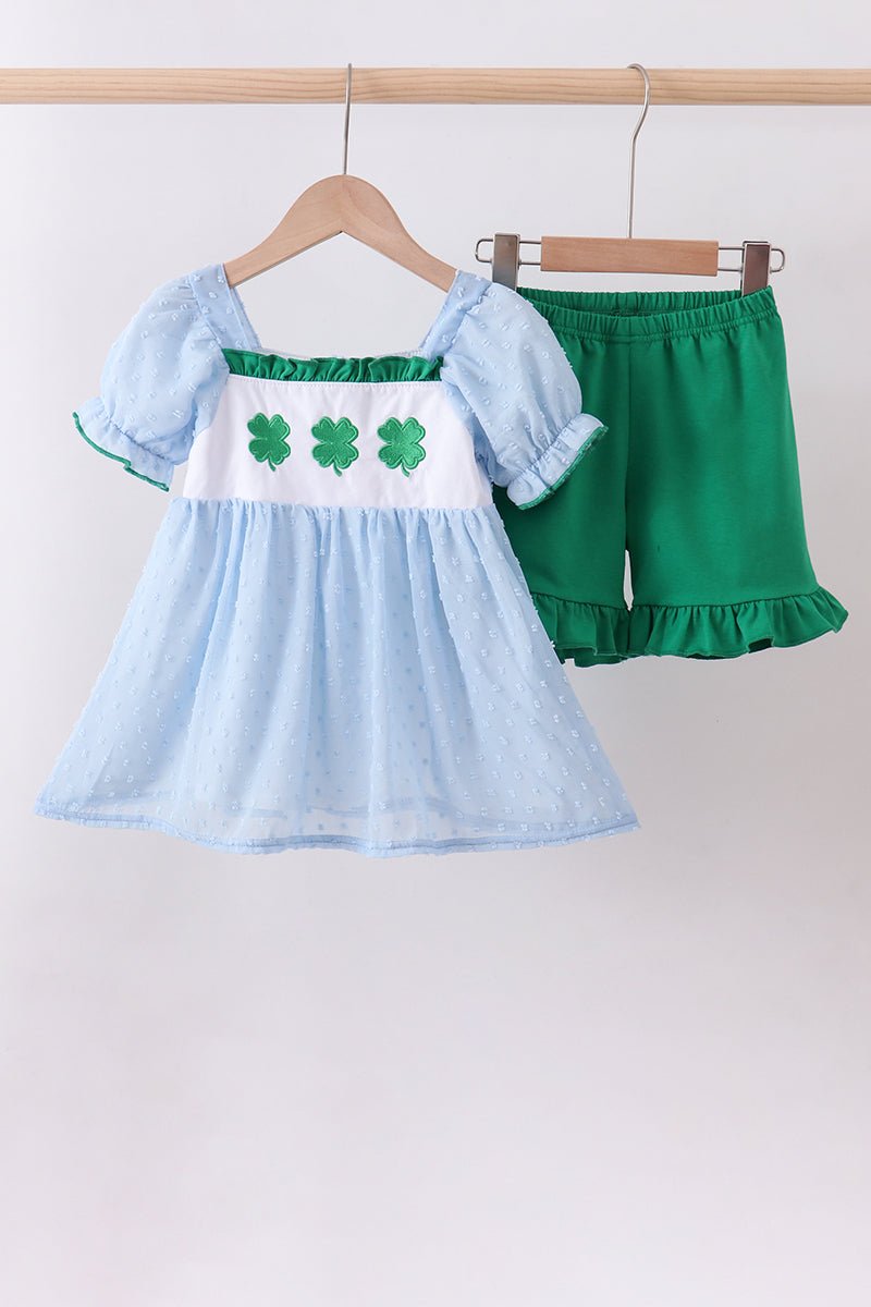 Blue clover embroidery swiss dot shorts set - Abbies Place